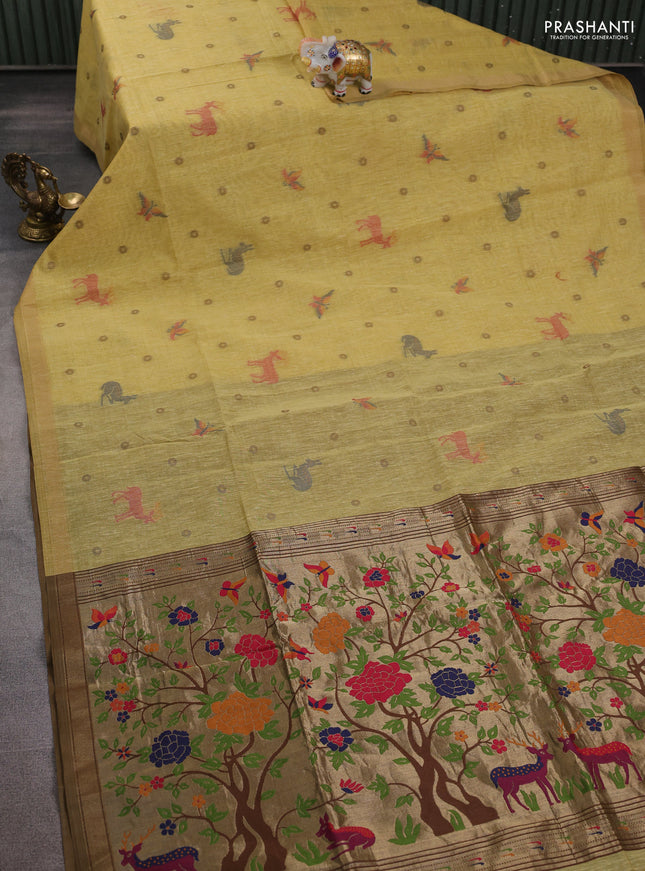 Semi linen saree sandal and brown with allover thread woven buttas and paithani pallu