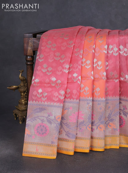 Kora jamdhani silk saree peach shade and yellow with allover jamdhani weaves and zari woven border