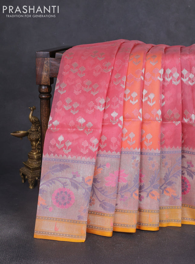 Kora jamdhani silk saree peach shade and yellow with allover jamdhani weaves and zari woven border