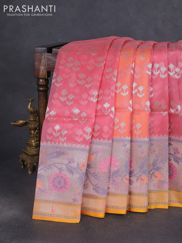 Kora jamdhani silk saree peach shade and yellow with allover jamdhani weaves and zari woven border