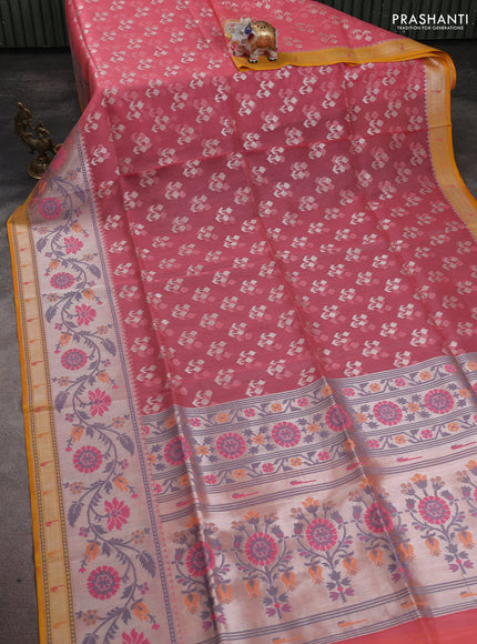 Kora jamdhani silk saree peach shade and yellow with allover jamdhani weaves and zari woven border