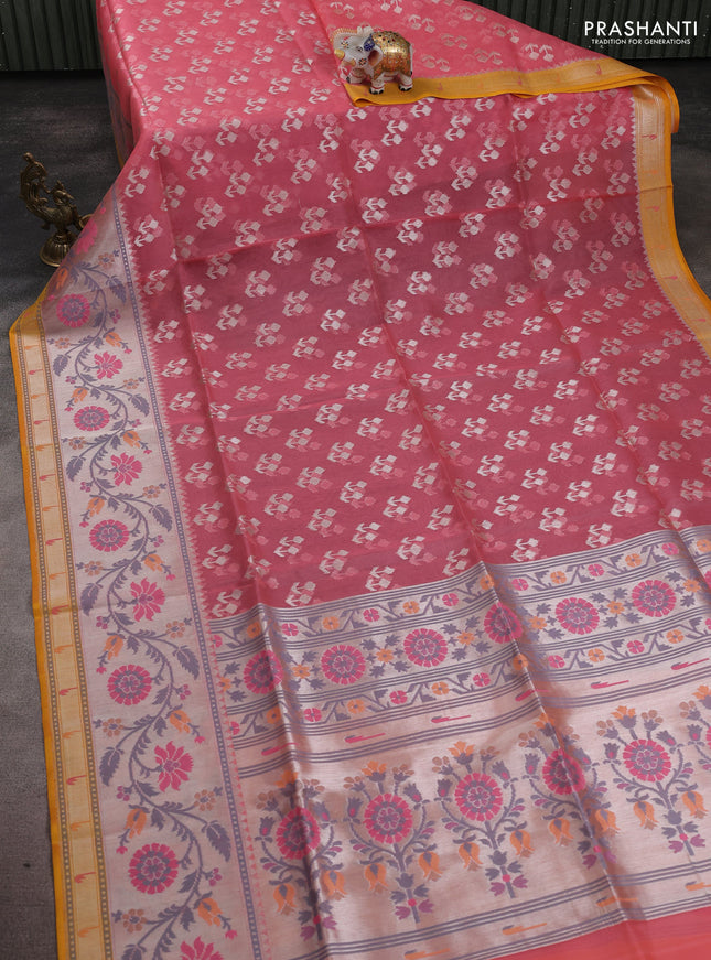 Kora jamdhani silk saree peach shade and yellow with allover jamdhani weaves and zari woven border