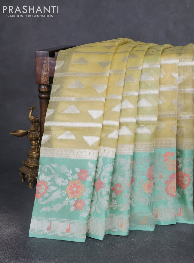 Kora jamdhani silk saree pale yellow and pastel green with allover jamdhani weaves and zari woven border