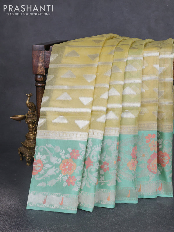 Kora jamdhani silk saree pale yellow and pastel green with allover jamdhani weaves and zari woven border
