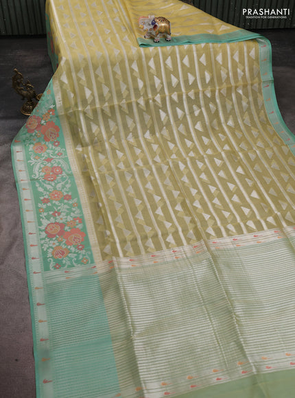 Kora jamdhani silk saree pale yellow and pastel green with allover jamdhani weaves and zari woven border