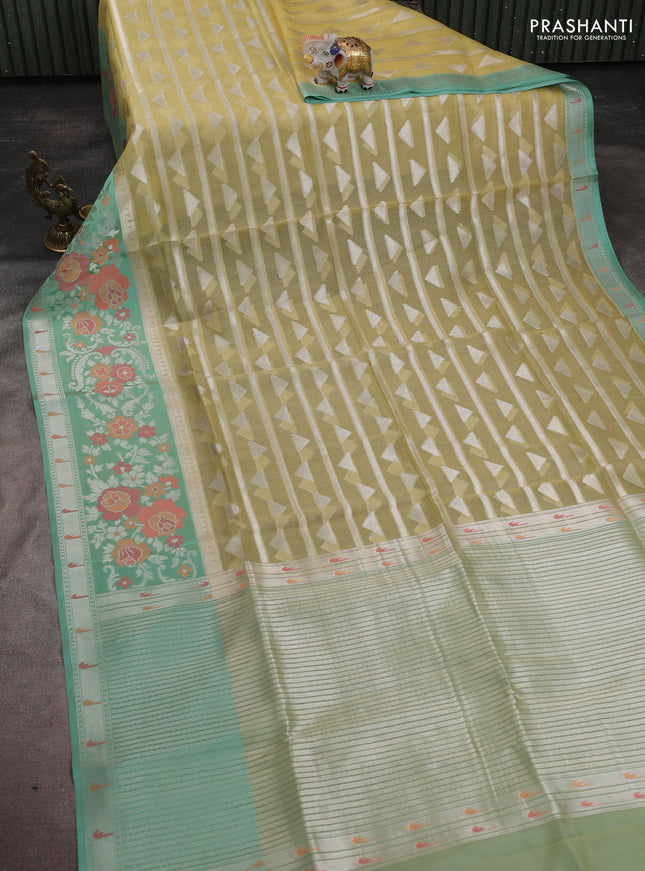 Kora jamdhani silk saree pale yellow and pastel green with allover jamdhani weaves and zari woven border