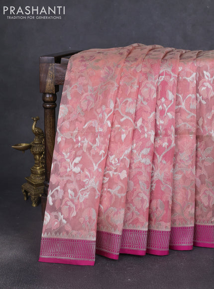 Kora jamdhani silk saree peach shade and pink with allover jamdhani weaves and zari woven border