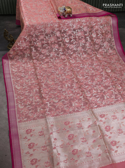 Kora jamdhani silk saree peach shade and pink with allover jamdhani weaves and zari woven border
