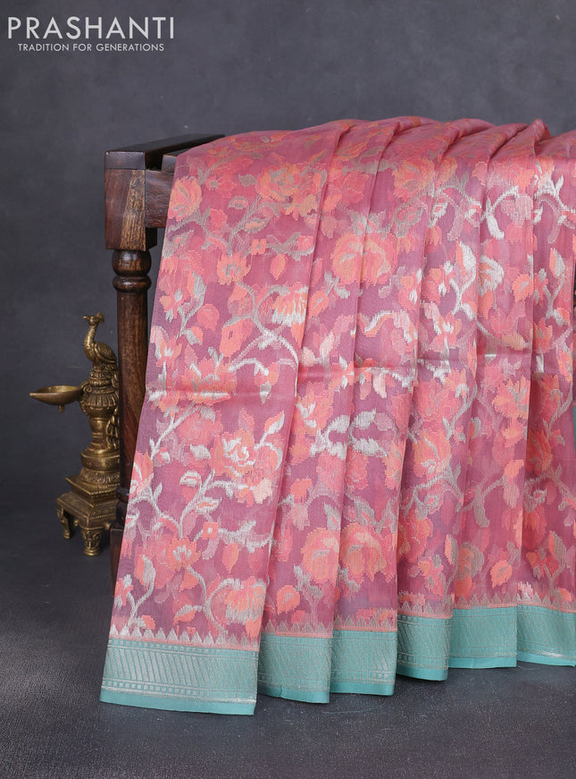 Kora jamdhani silk saree pastel pink and pastel green with allover jamdhani weaves and zari woven border
