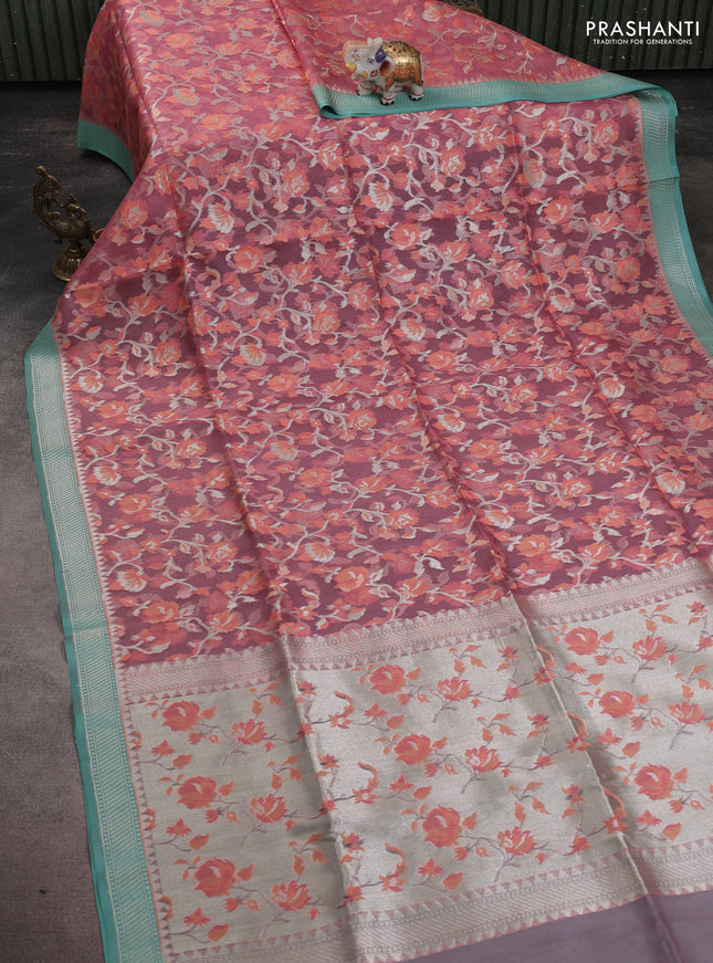 Kora jamdhani silk saree pastel pink and pastel green with allover jamdhani weaves and zari woven border