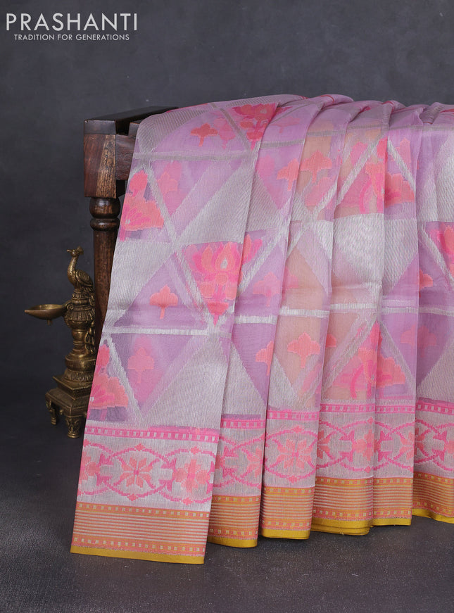 Kora jamdhani silk saree lavender and mustard green with allover jamdhani weaves and zari woven border