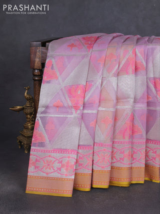 Kora jamdhani silk saree lavender and mustard green with allover jamdhani weaves and zari woven border