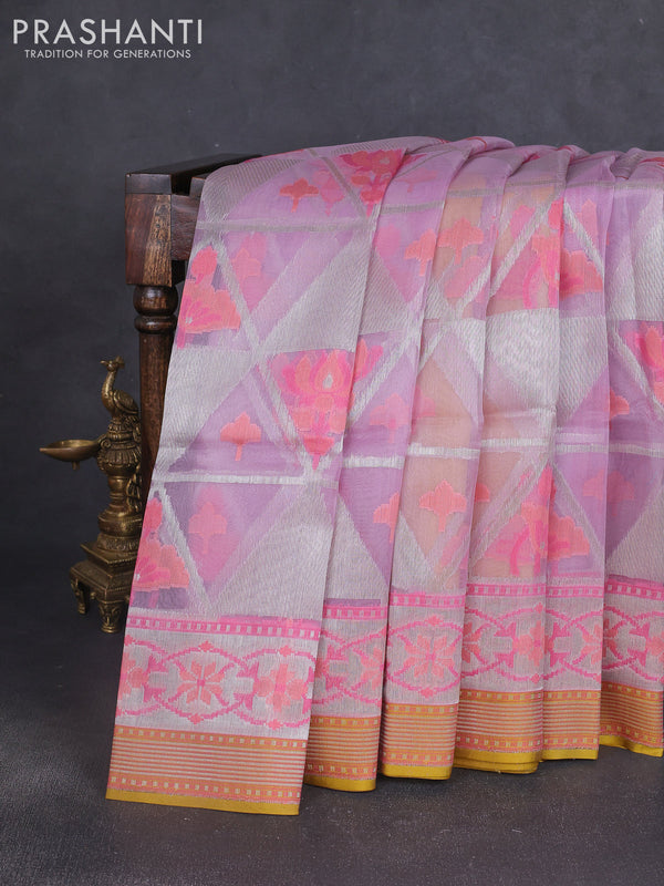 Kora jamdhani silk saree lavender and mustard green with allover jamdhani weaves and zari woven border