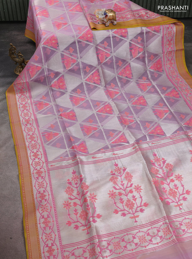 Kora jamdhani silk saree lavender and mustard green with allover jamdhani weaves and zari woven border