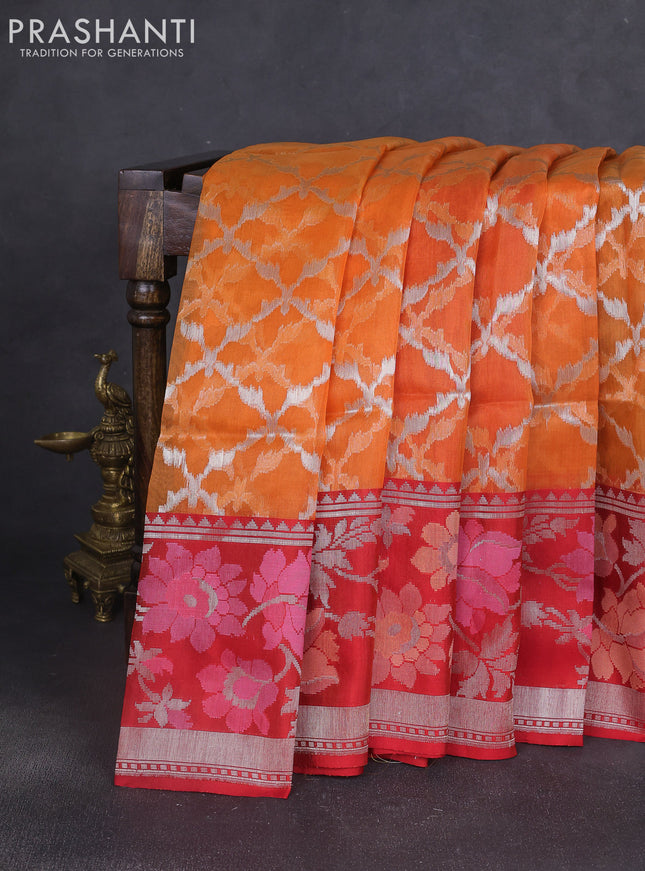 Kora jamdhani silk saree orange and red with allover jamdhani weaves and zari woven border