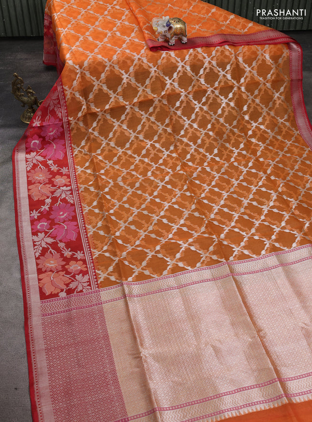 Kora jamdhani silk saree orange and red with allover jamdhani weaves and zari woven border