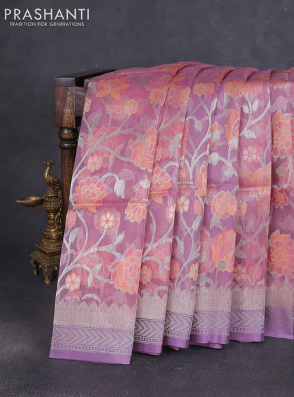 Kora jamdhani silk saree peach pink and lavender with allover jamdhani weaves and zari woven border