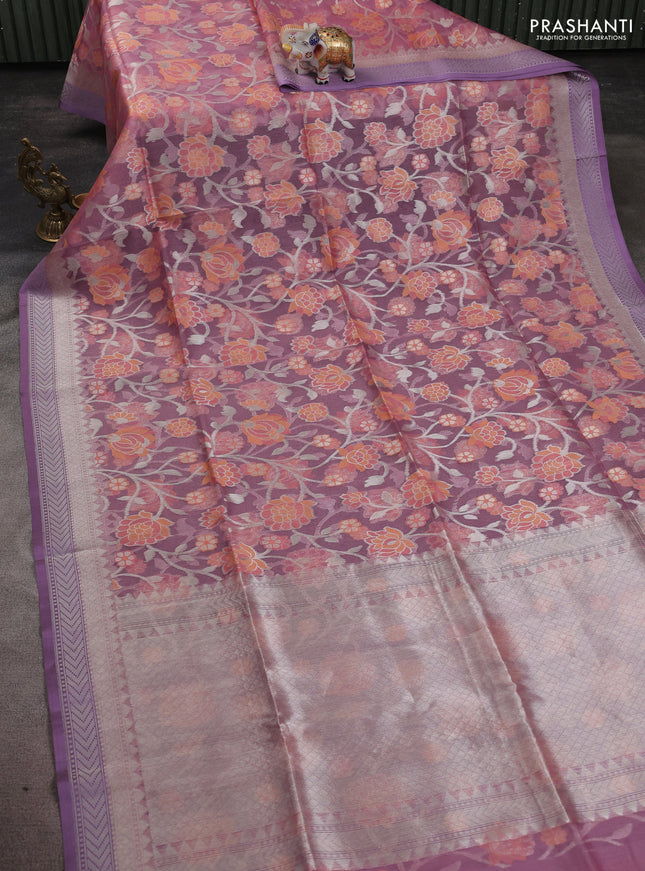 Kora jamdhani silk saree peach pink and lavender with allover jamdhani weaves and zari woven border