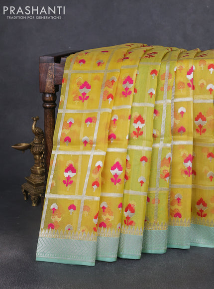 Kora jamdhani silk saree yellow and teal green with allover jamdhani weaves and zari woven border