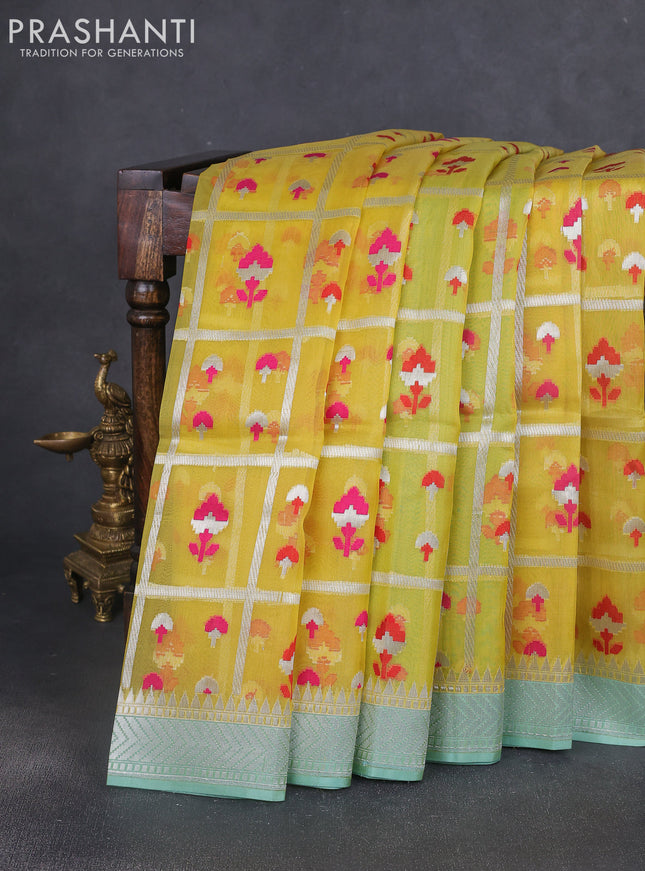 Kora jamdhani silk saree yellow and teal green with allover jamdhani weaves and zari woven border