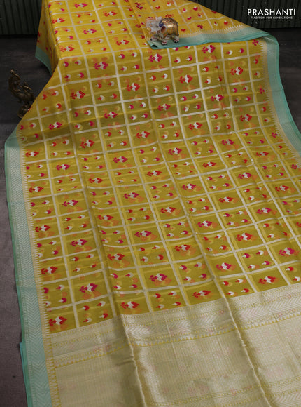 Kora jamdhani silk saree yellow and teal green with allover jamdhani weaves and zari woven border
