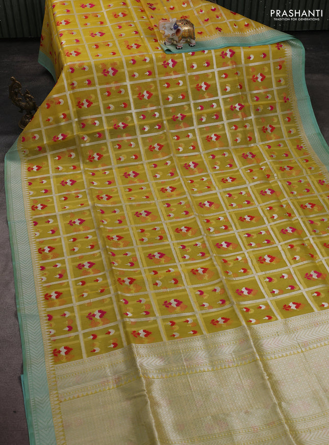 Kora jamdhani silk saree yellow and teal green with allover jamdhani weaves and zari woven border