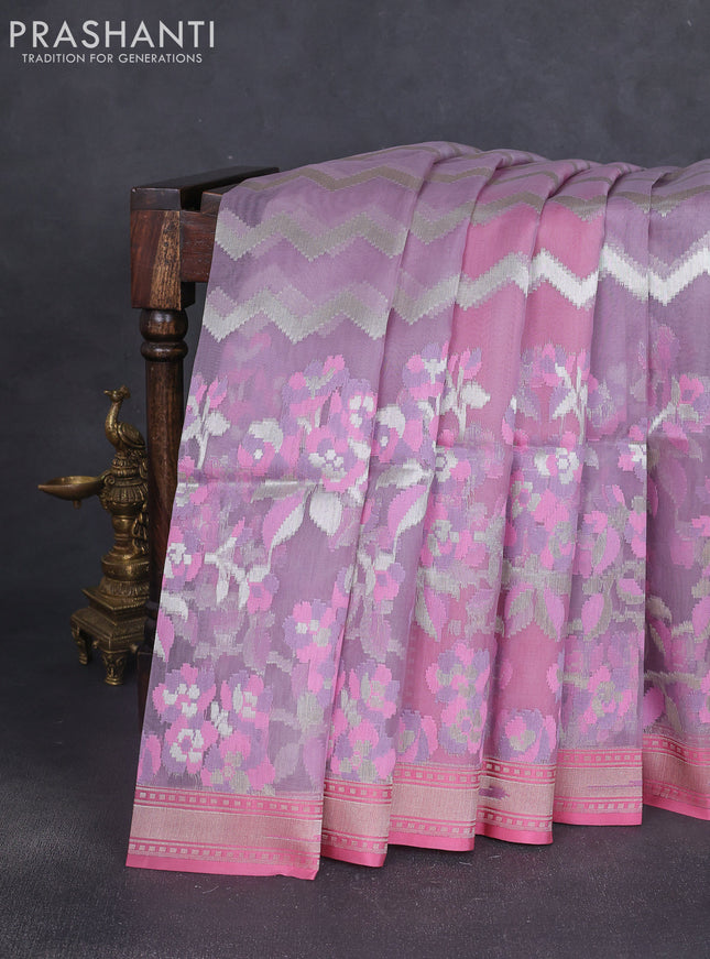Kora jamdhani silk saree lavender and peach pink with allover jamdhani weaves and zari woven border