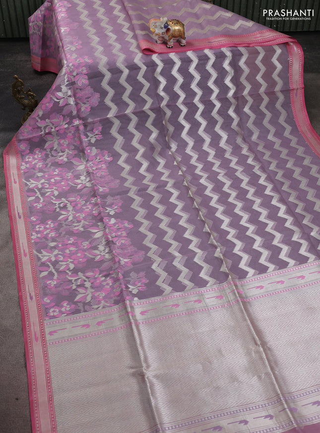 Kora jamdhani silk saree lavender and peach pink with allover jamdhani weaves and zari woven border