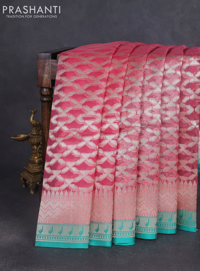 Kora jamdhani silk saree paste pink and teal green with allover jamdhani weaves and zari woven border