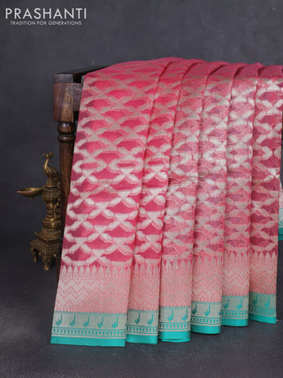 Kora jamdhani silk saree paste pink and teal green with allover jamdhani weaves and zari woven border