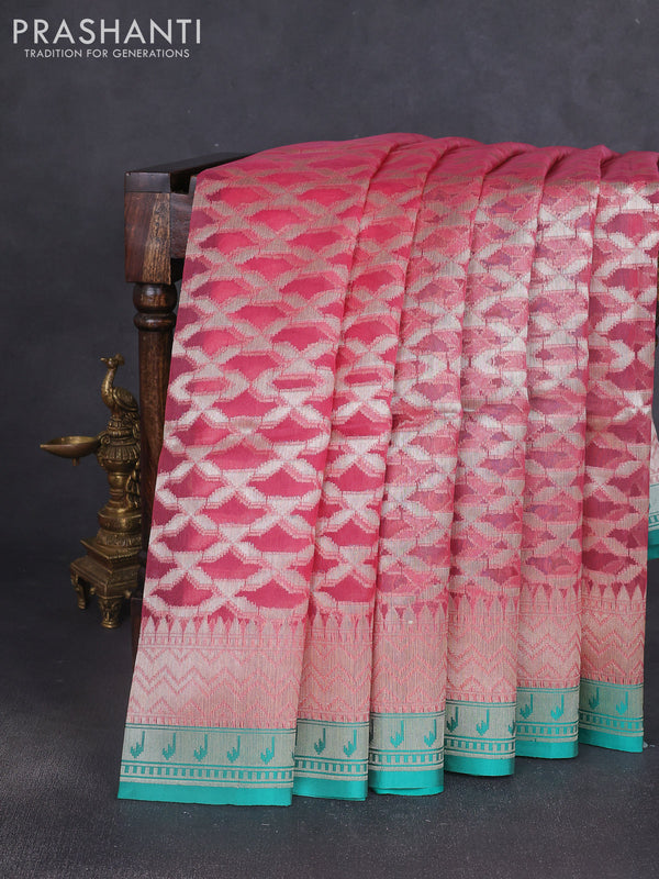 Kora jamdhani silk saree paste pink and teal green with allover jamdhani weaves and zari woven border