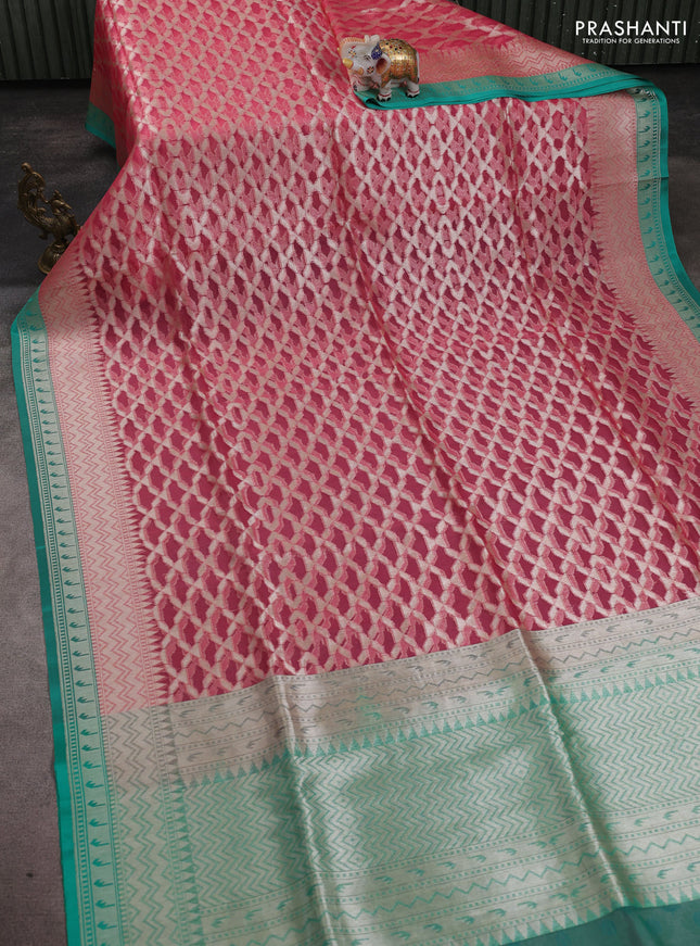 Kora jamdhani silk saree paste pink and teal green with allover jamdhani weaves and zari woven border