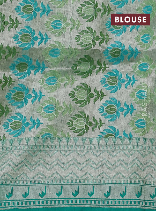 Kora jamdhani silk saree paste pink and teal green with allover jamdhani weaves and zari woven border