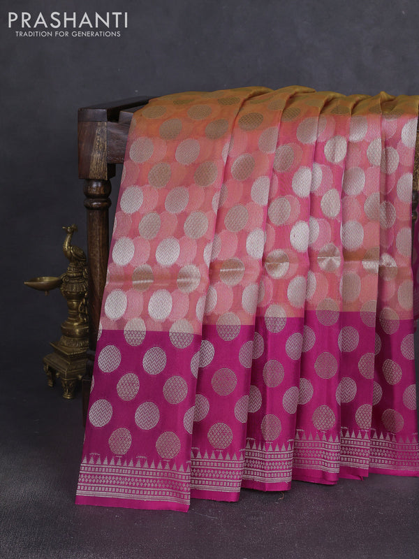 Kora jamdhani silk saree peach pink and pink with allover jamdhani weaves and long zari woven border