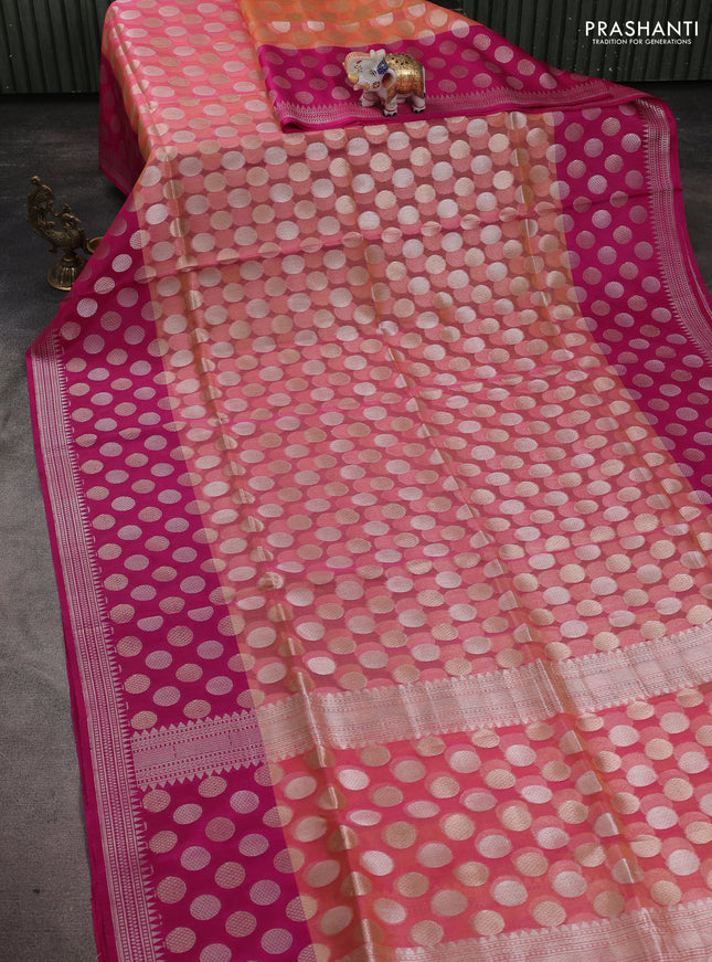 Kora jamdhani silk saree peach pink and pink with allover jamdhani weaves and long zari woven border
