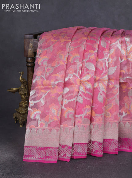 Kora jamdhani silk saree peach pink and pink with allover jamdhani weaves and zari woven border