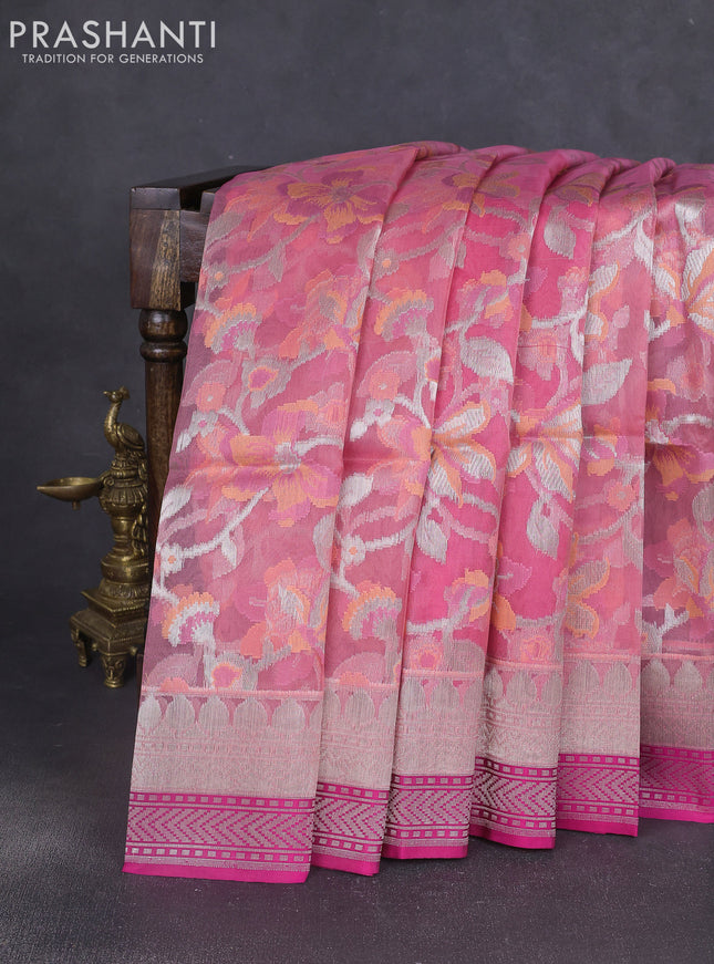 Kora jamdhani silk saree peach pink and pink with allover jamdhani weaves and zari woven border