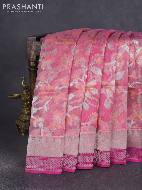 Kora jamdhani silk saree peach pink and pink with allover jamdhani weaves and zari woven border