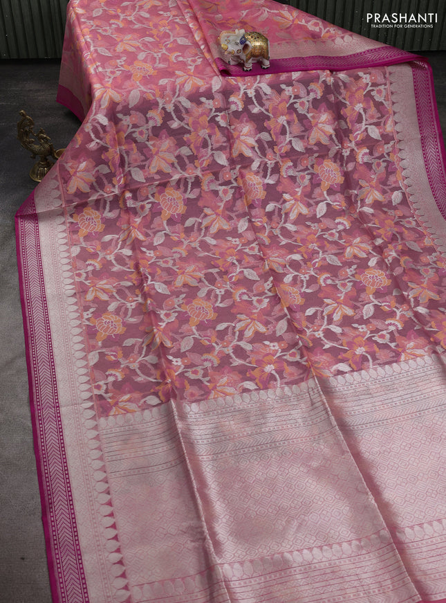 Kora jamdhani silk saree peach pink and pink with allover jamdhani weaves and zari woven border
