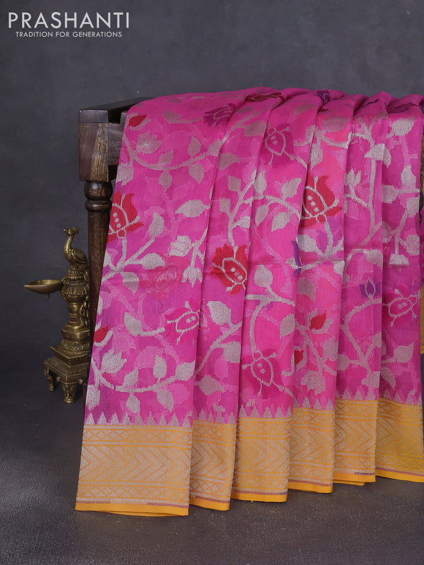 Kora jamdhani silk saree pink and yellow with allover jamdhani weaves and zari woven border