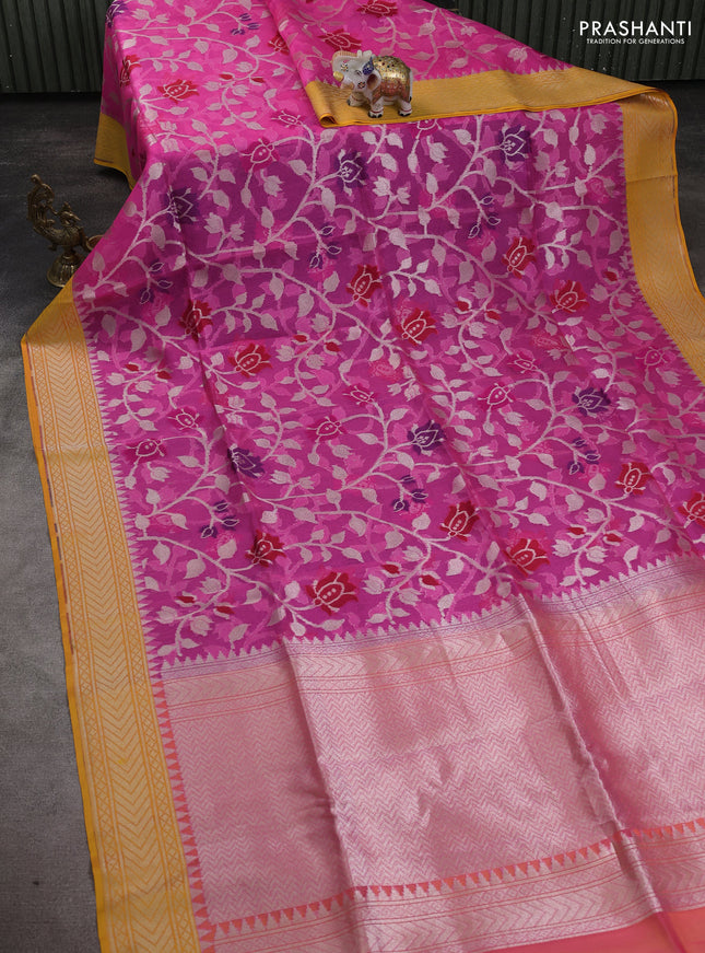 Kora jamdhani silk saree pink and yellow with allover jamdhani weaves and zari woven border