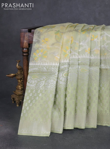 Kora jamdhani silk saree pale yellow and pista green with allover jamdhani weaves and long zari woven border