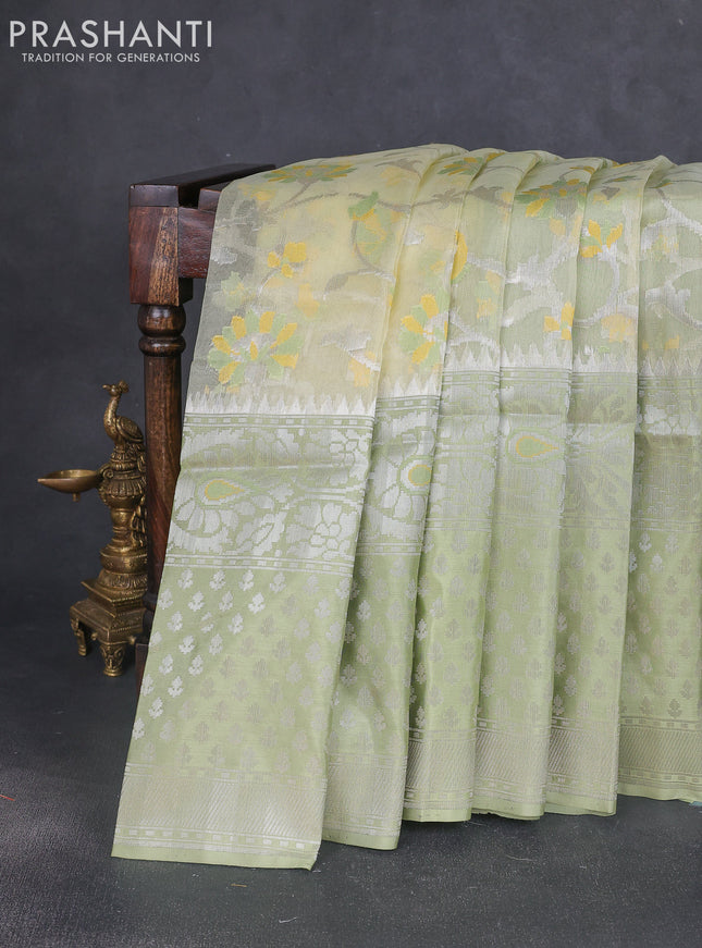 Kora jamdhani silk saree pale yellow and pista green with allover jamdhani weaves and long zari woven border