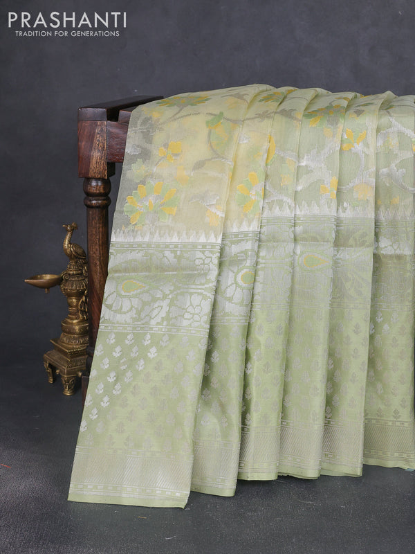 Kora jamdhani silk saree pale yellow and pista green with allover jamdhani weaves and long zari woven border