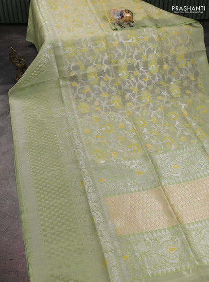 Kora jamdhani silk saree pale yellow and pista green with allover jamdhani weaves and long zari woven border