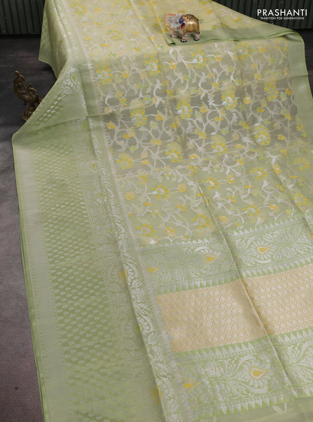 Kora jamdhani silk saree pale yellow and pista green with allover jamdhani weaves and long zari woven border
