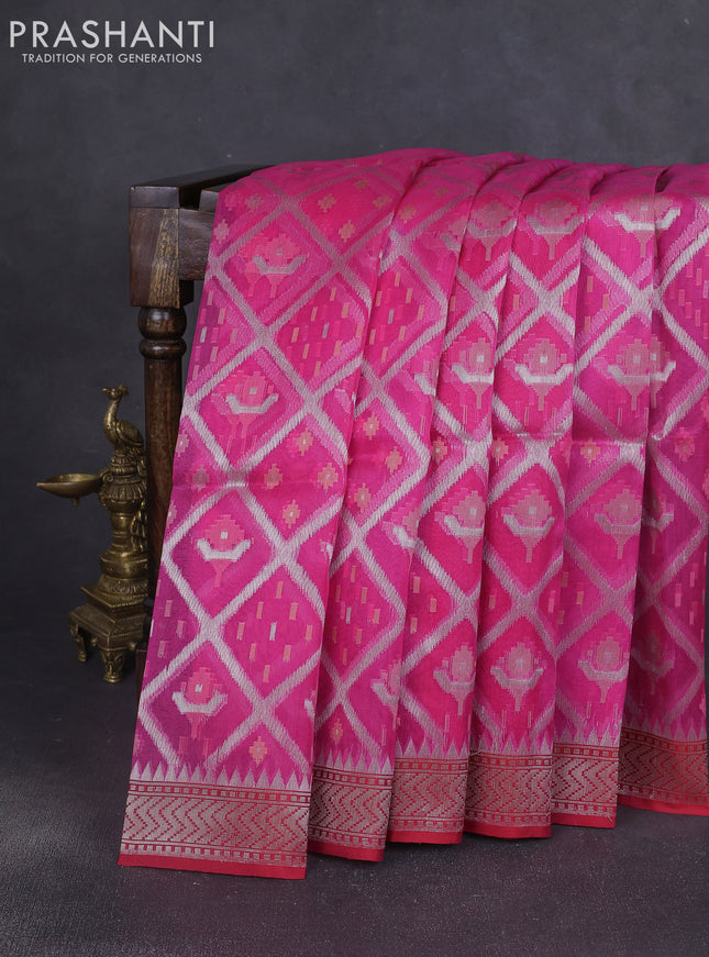Kora jamdhani silk saree candy pink and red with allover jamdhani weaves and zari woven border