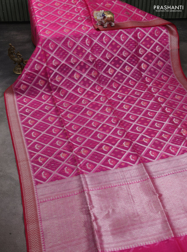 Kora jamdhani silk saree candy pink and red with allover jamdhani weaves and zari woven border