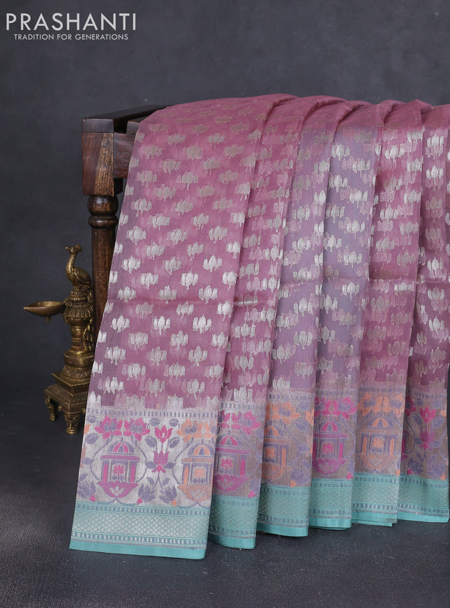 Kora jamdhani silk saree pastel pink and teal green with allover jamdhani weaves and zari woven border