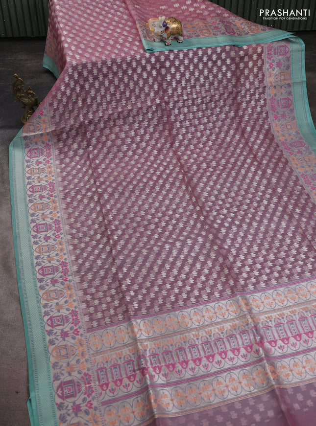 Kora jamdhani silk saree pastel pink and teal green with allover jamdhani weaves and zari woven border